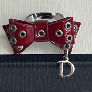 Christian Dior D Logo Ribbon Patent Leather Silver Tone Ring sz:53.